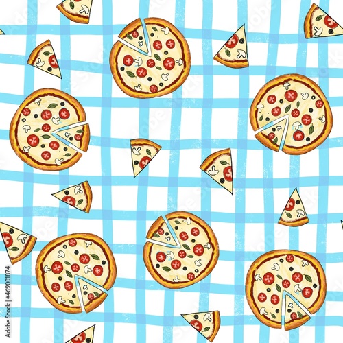 Seamless pattern with pizza slices . Design for clothing fabric and other items.