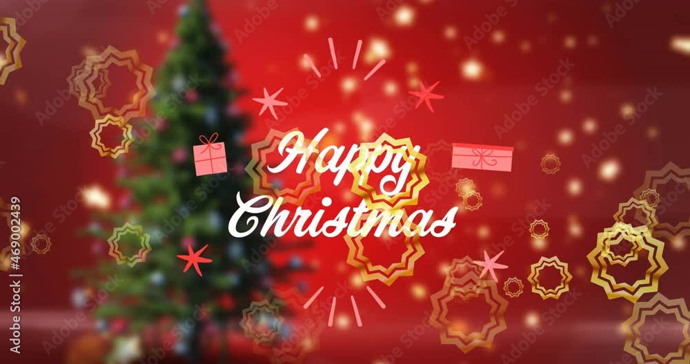 Animation of happy christmas text in white, with gold stars over christmas tree on red background Animation of happy christmas text in white, with gold stars over christmas tree on red background