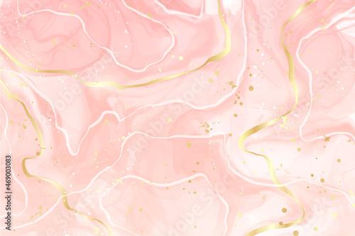 Pastel rose pink liquid watercolor background with golden cracks. Blush marble alcohol ink drawing effect. Vector illustration design template for wedding invitation, menu, rsvp