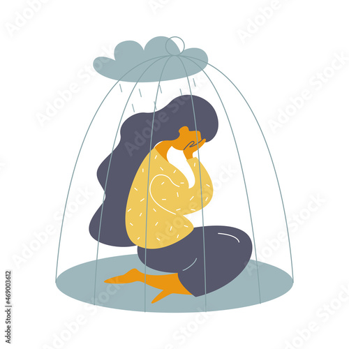 A girl in a cage in a depressed state. Abusive relationship concept. Vector stock illustration. 