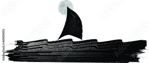 Ocean, sail ,moon and Abstract Waves . Grunge Logo Element. Surfing Icon . Brush Stroke . Vector Illustration. 
