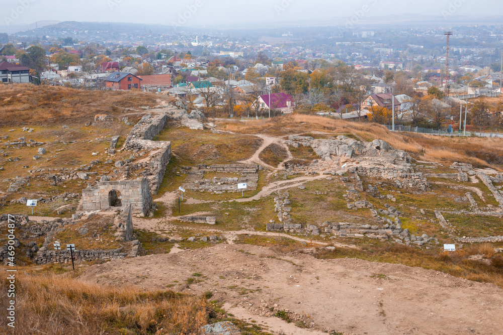 Excavations of the ancient Greek city of Panticapaeum. View from Mount Mithridates to Crimea, Kerch