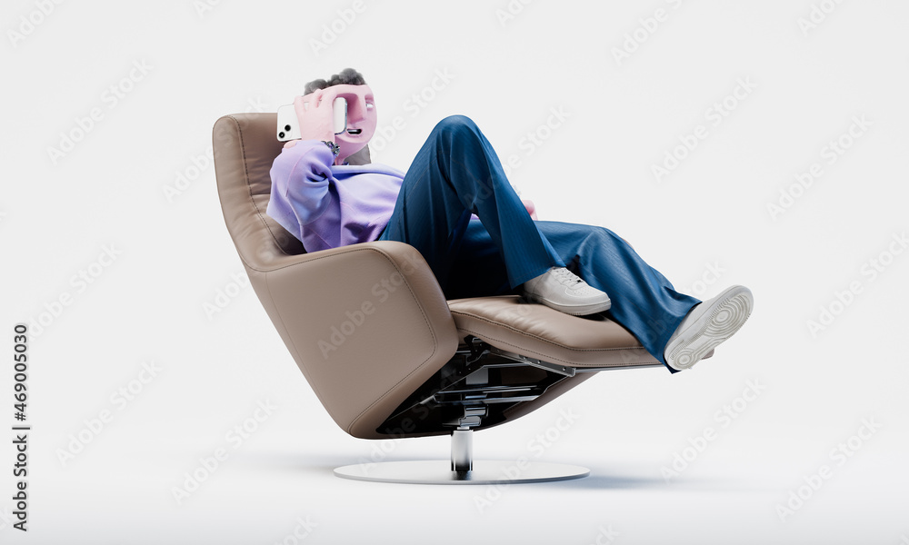 Awesome Travor talking by the phone lying on a armchair. Connectivity concept. Highly detailed fashionable stylish abstract character isolated on white background. Right view. 3d rendering. Awesome Travor talking by the phone lying on a armchair. Connectivity concept. Highly detailed fashionable stylish abstract character isolated on white background. Right view. 3d rendering.