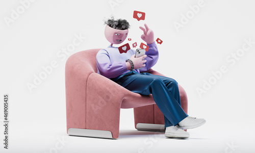 Awesome Travor sits on modern chair and making selfie. Social media popularity concept. Highly detailed fashionable stylish abstract character isolated on white background. Right view. 3d rendering. photo