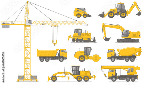 Vector set of 10 types of construction vehicles