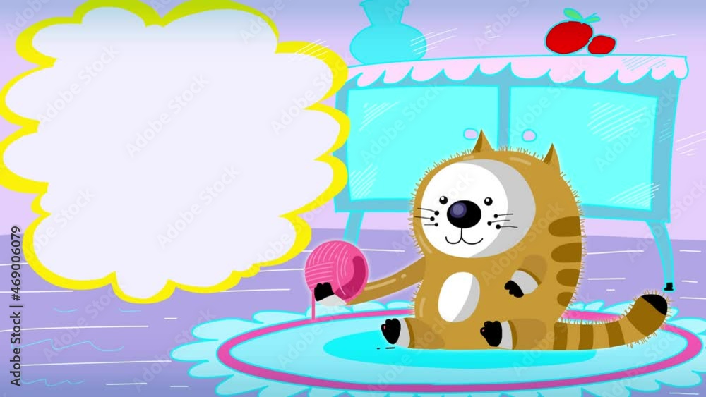 Sweet cartoon cat with hank or maybe a ball on a room background. Loop good for intro, opener or any other kids animation. Good as illustration, background, etc... A cloud place for text. Sweet cartoon cat with hank or maybe a ball on a room background. Loop good for intro, opener or any other kids animation. Good as illustration, background, etc... A cloud place for text.