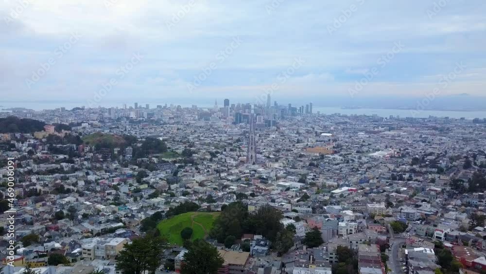 Aerial flying backwards away from the beautiful San Francisco city skyline. Aerial flying backwards away from the beautiful San Francisco city skyline.