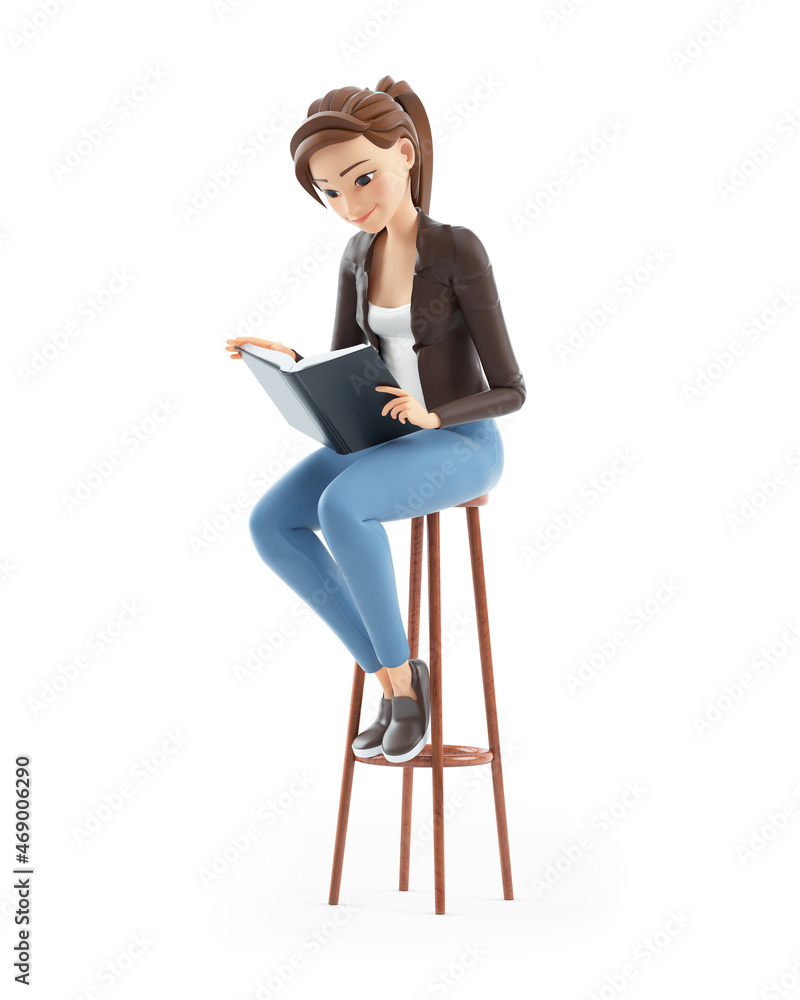 3d cartoon woman reading book on stool 3d cartoon woman reading book on stool