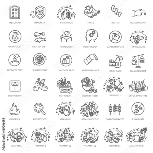 Web Set of Nutrition, Healthy food and Detox Diet Vector Thin Line Icons