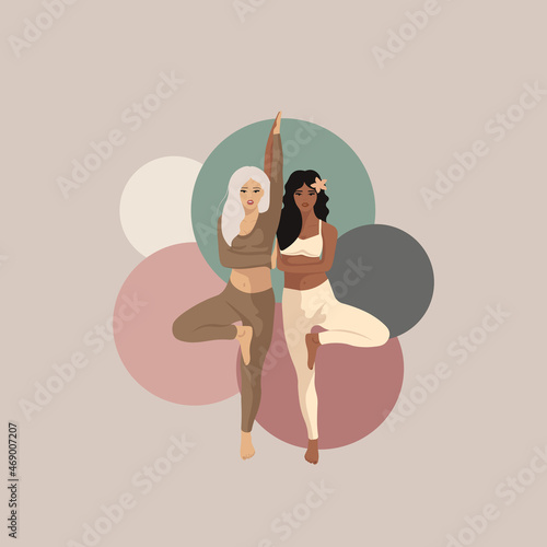 Young women doing yoga. Meditation, the health benefits for the body.  Vector illustration in flat style