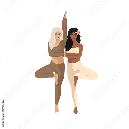 Young women doing yoga on a white background. Meditation, body health benefits. Vector illustration in flat style on white background.