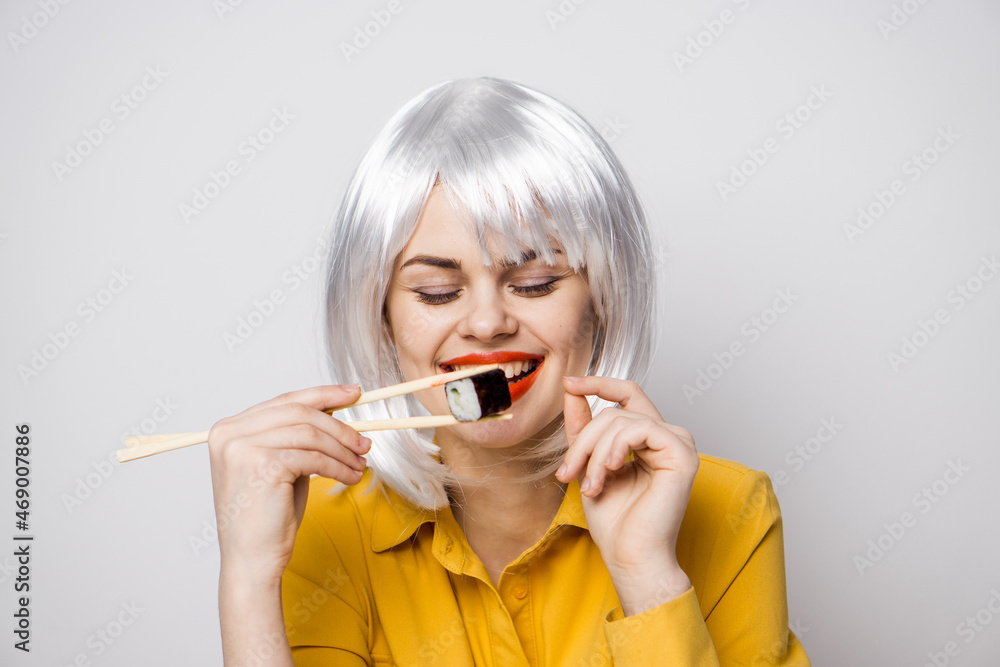 pretty woman with white hair sushi asian food pretty woman with white hair sushi asian food