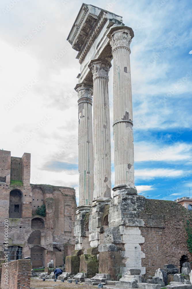 The Basilica Julia ruins. This archeological place in the Roman Forum was used for official business during the early Roman Empire. It was built in 46 BC by Julius Caesar, Rome, Italy, Feb 2015