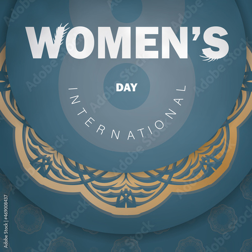 International womens day flyer template in blue color with vintage gold pattern