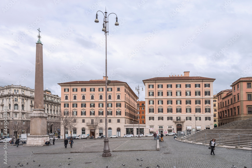 Esquillino Square, located behind the apse of basilica Santa Maria Maggiore, one of the most solemn buildings of Roman Baroque and has in its center an granite obelisk which is nearly 15m high. Rome, 
