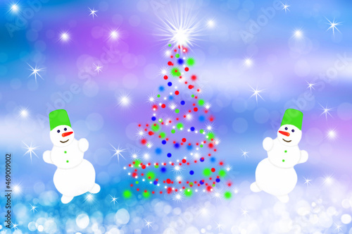 Two snowmen dancing near an abstract Christmas tree on an abstract colorful background with bokeh and stars