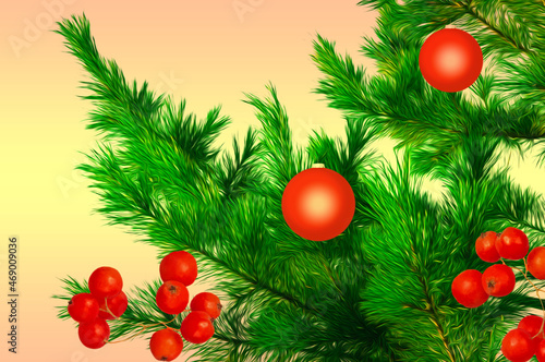 Christmas red balls and rowan berries on a background of green spruce branches close-up on a colorful abstract background