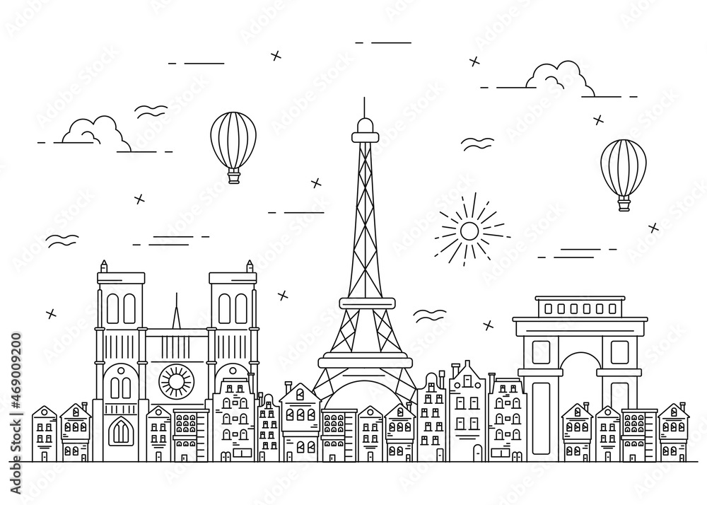 Illustration city line and Eiffel Tower. Landmark france
