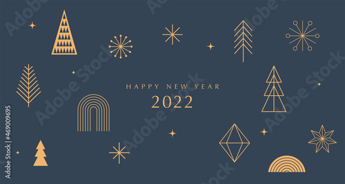 Simple Christmas background, elegant geometric minimalist style. Happy new year banner. Snowflakes, decorations and Xmas trees elements. Retro clean concept design