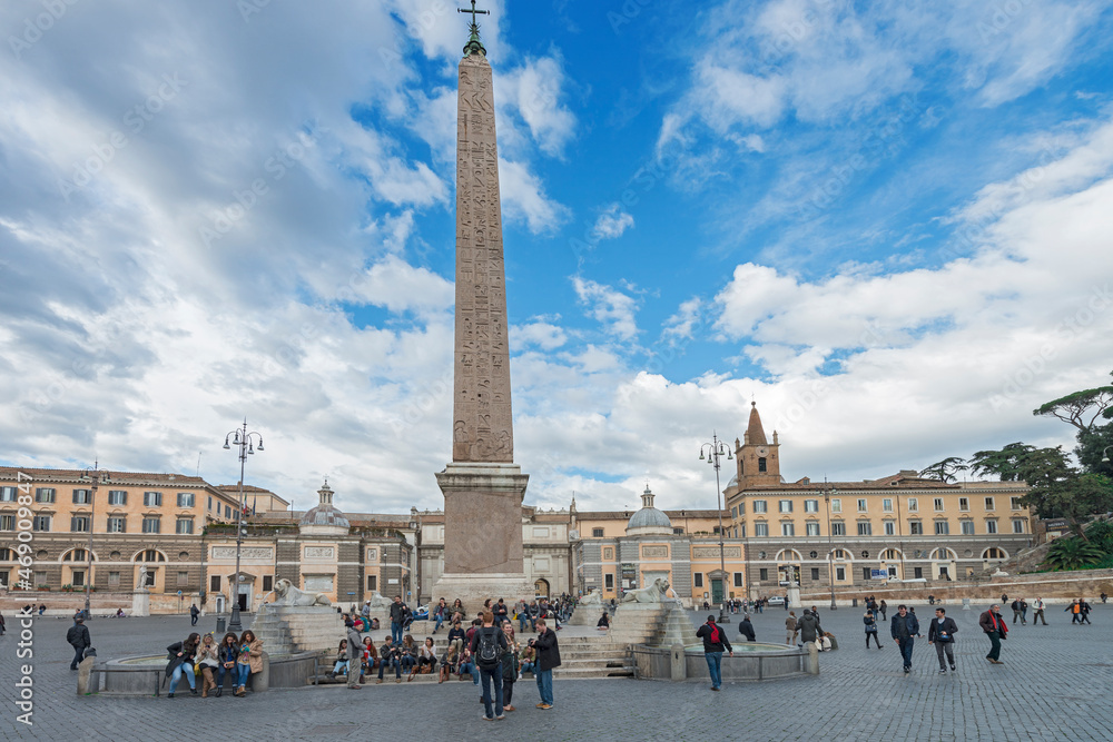 The Flaminio Obelisk at Piazza del Popolo. It was built during the kingdom of Pharaohs Ramesses II and Merneptah in 13th century BC and placed in the Temple of Sun in Heliopolis; Rome, 2015