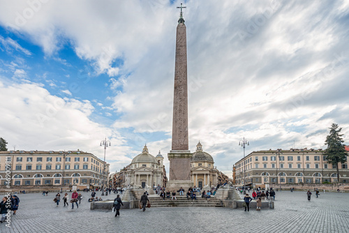 The Flaminio Obelisk at Piazza del Popolo. It was built during the kingdom of Pharaohs Ramesses II and Merneptah in 13th century BC and placed in the Temple of Sun in Heliopolis; Rome, 2015 photo
