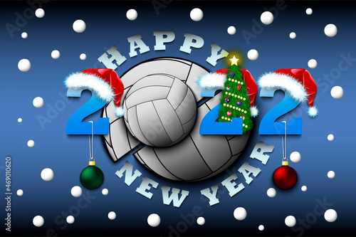 Happy new year. 2022 with volleyball ball. Numbers in Christmas hats and Christmas tree balls. Original template design for greeting card. Vector illustration on isolated background