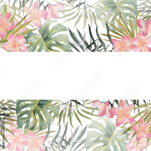 Fototapeta Naklejka Na Ścianę i Meble -  Hand drawing watercolor summer banner - plumeria, monstera, palm leaves. On white background with space for text. For scrapbooking, cards for birthday, party, poster, home decor, cover
