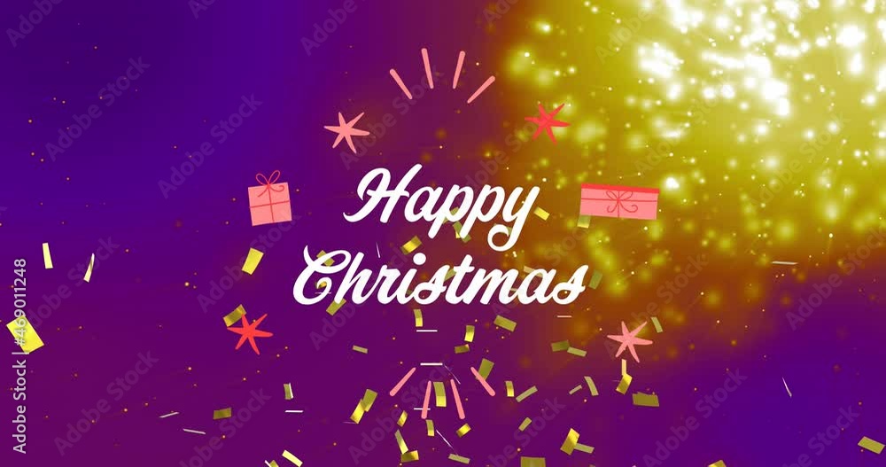 Animation of happy christmas text over confetti and light spots Animation of happy christmas text over confetti and light spots