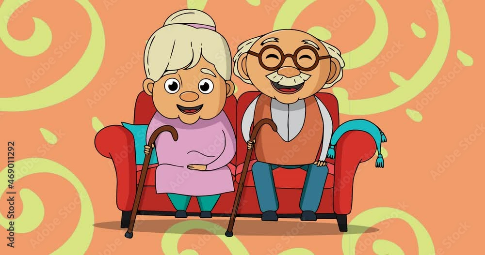 Animation of illustration of happy senior couple sitting on couch, over yellow and pink pattern Animation of illustration of happy senior couple sitting on couch, over yellow and pink pattern