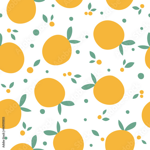 Seamless abstract pattern with orange and leaves. Citrus pattern isolated on white background. Vector illustration. It can be used for wallpapers, cards, wrapping, patterns for clothes and other.