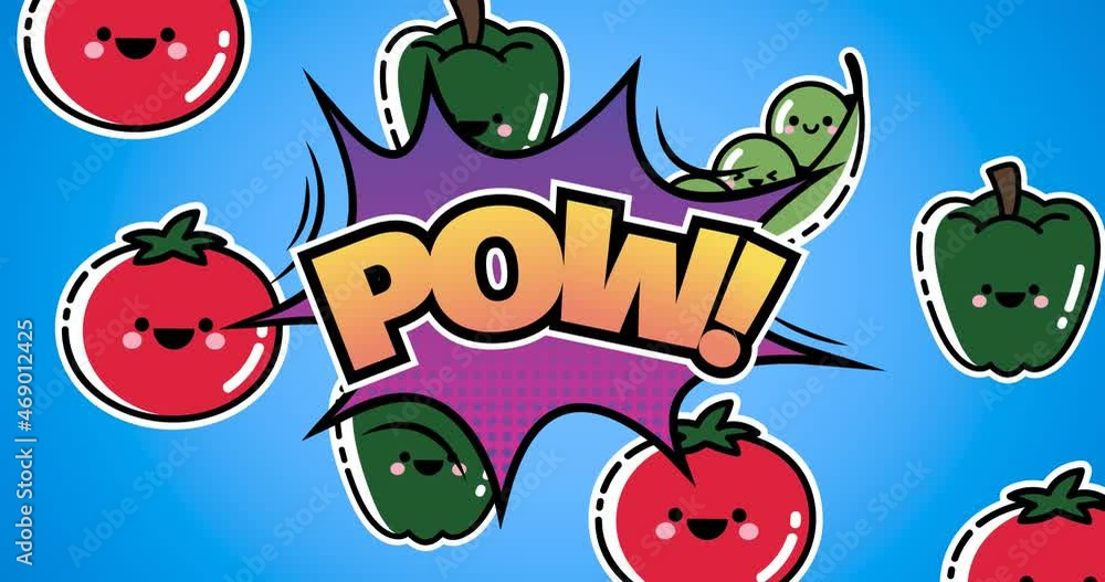 Animation of illustration with pow text over vegetables with smiling faces on blue background Animation of illustration with pow text over vegetables with smiling faces on blue background