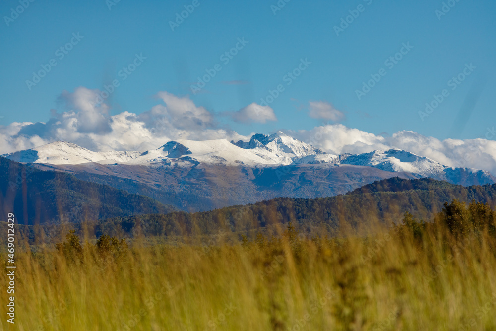 snow-capped mountain peaks in autumn in adygea, beautiful landscape