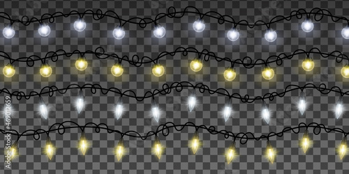 Christmas garland with yellow and white lamps. Vector transparent light effect. Xmas lights isolated realistic decoration. EPS 10.