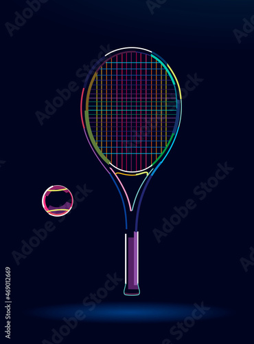 Tennis racket with ball, abstract, colorful drawing. Vector illustration of paints