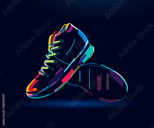 Pair of sports sneakers for playing basketball, abstract, colorful drawing, digital graphics. Vector illustration of paints