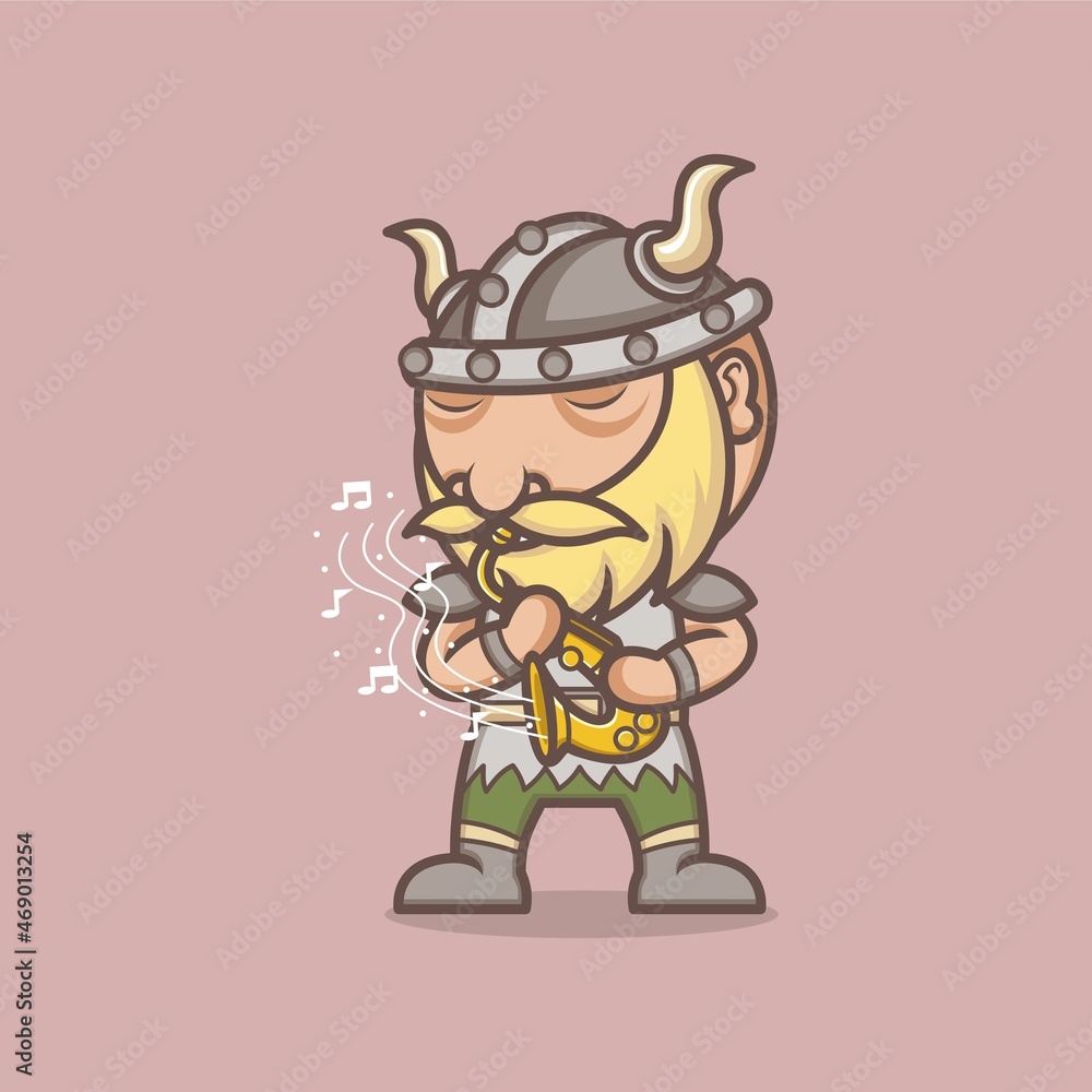 cute cartoon viking playing sexophone. vector illustration for mascot logo or sticker cute cartoon viking playing sexophone. vector illustration for mascot logo or sticker
