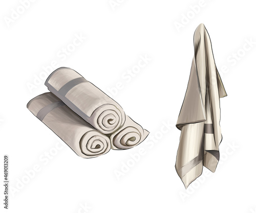 White bath textile items set. Cotton terry towels hanging, folded, stacked, rolled, color drawing, realistic. Vector illustration of paints