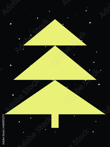 Gold Christmas tree greeting card on black background with snowflakes