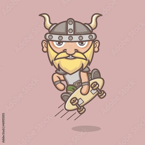 funny cartoon viking playing skateboard . vector illustration for mascot logo or sticker