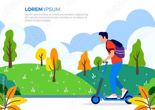 Illustration man riding with electric scooter in flat color design and lansdcape background