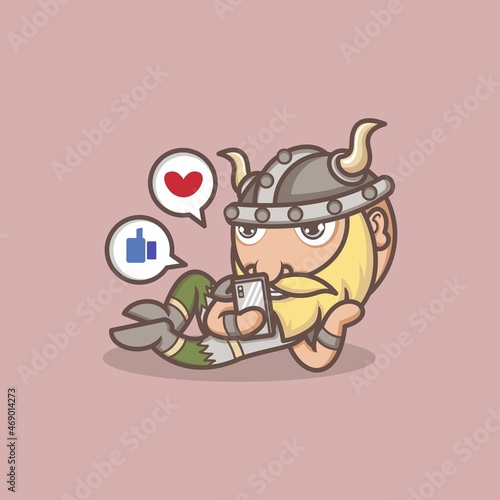 funny cartoon viking playing social media on mobile. vector illustration for mascot logo or sticker