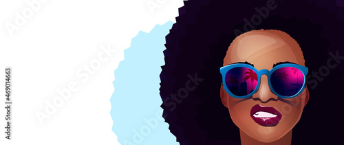 Black girl in blue sunglasses with afro hairstyle. White background. Vector illustration