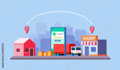 Vector illustration of online delivery service concept. Truck, home and shop. 