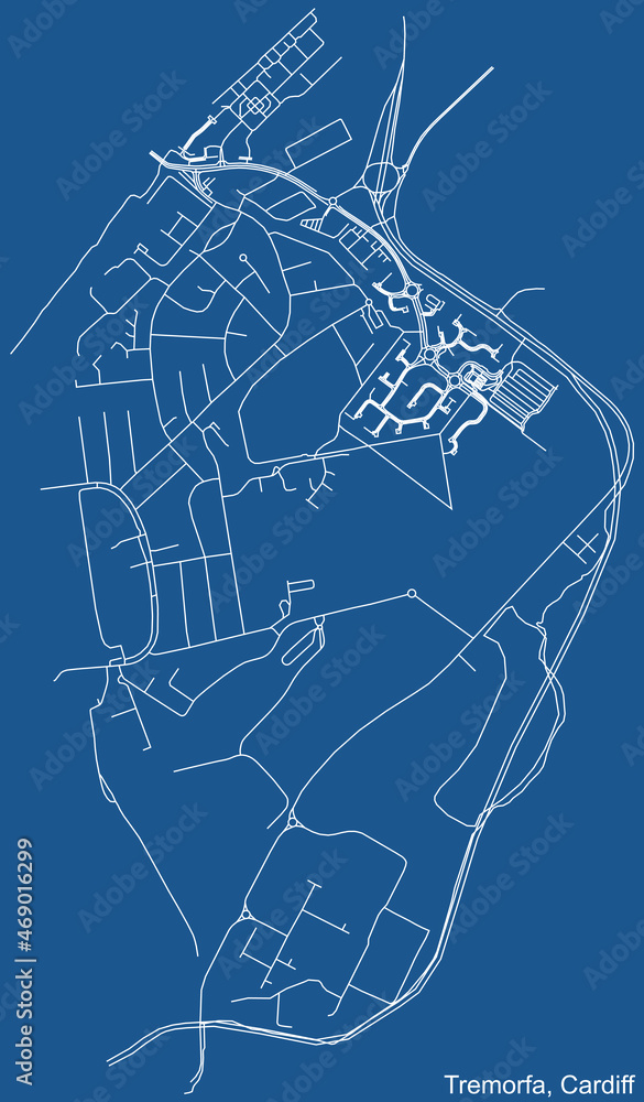 Detailed navigation urban street roads map on blue technical  background of the quarter Tremorfa community of the Welsh capital city of Cardiff, United Kingdom