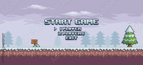 Pixel art 8bit game home screen. Landscape start game menu background