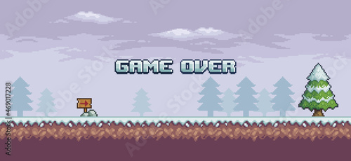 Pixel art landscape 8bit game. game over background with grass, trees and clouds
