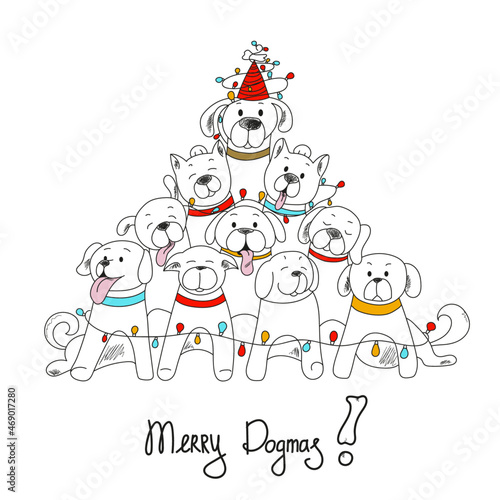 Funny dogs in the form of a Christmas tree. Vector graphics for the design of Christmas and New Year's content in the doodle style