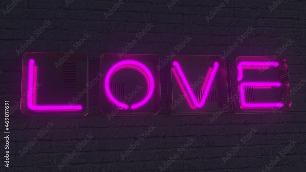 LOVE signboard made with glowing neon letters in the dark. 3D animation LOVE signboard made with glowing neon letters in the dark. 3D animation