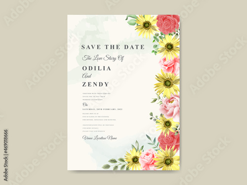 Elegant sunflower and rose watercolor wedding invitation template