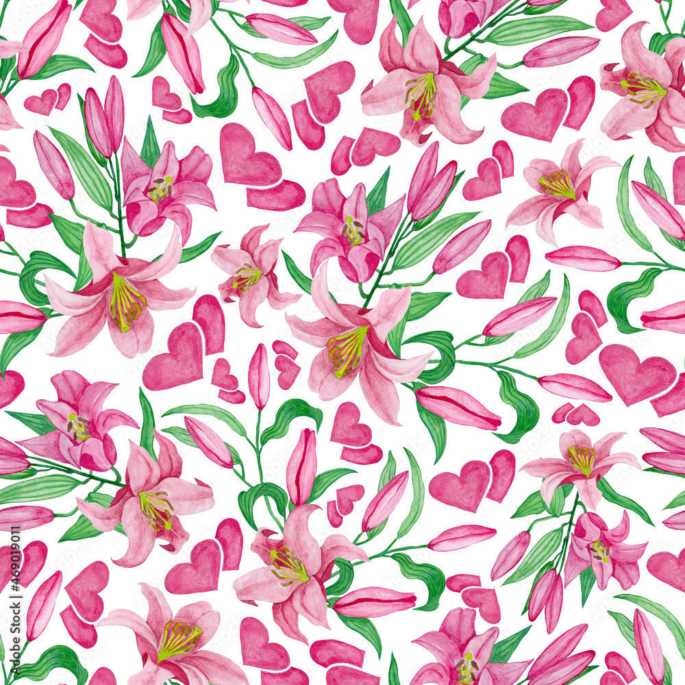 Seamless pattern. Watercolour, hand drawn illustration. Happy Valentines Day, pink lilies, pink heart, white background. Seamless pattern. Watercolour, hand drawn illustration. Happy Valentines Day, pink lilies, pink heart, white background.